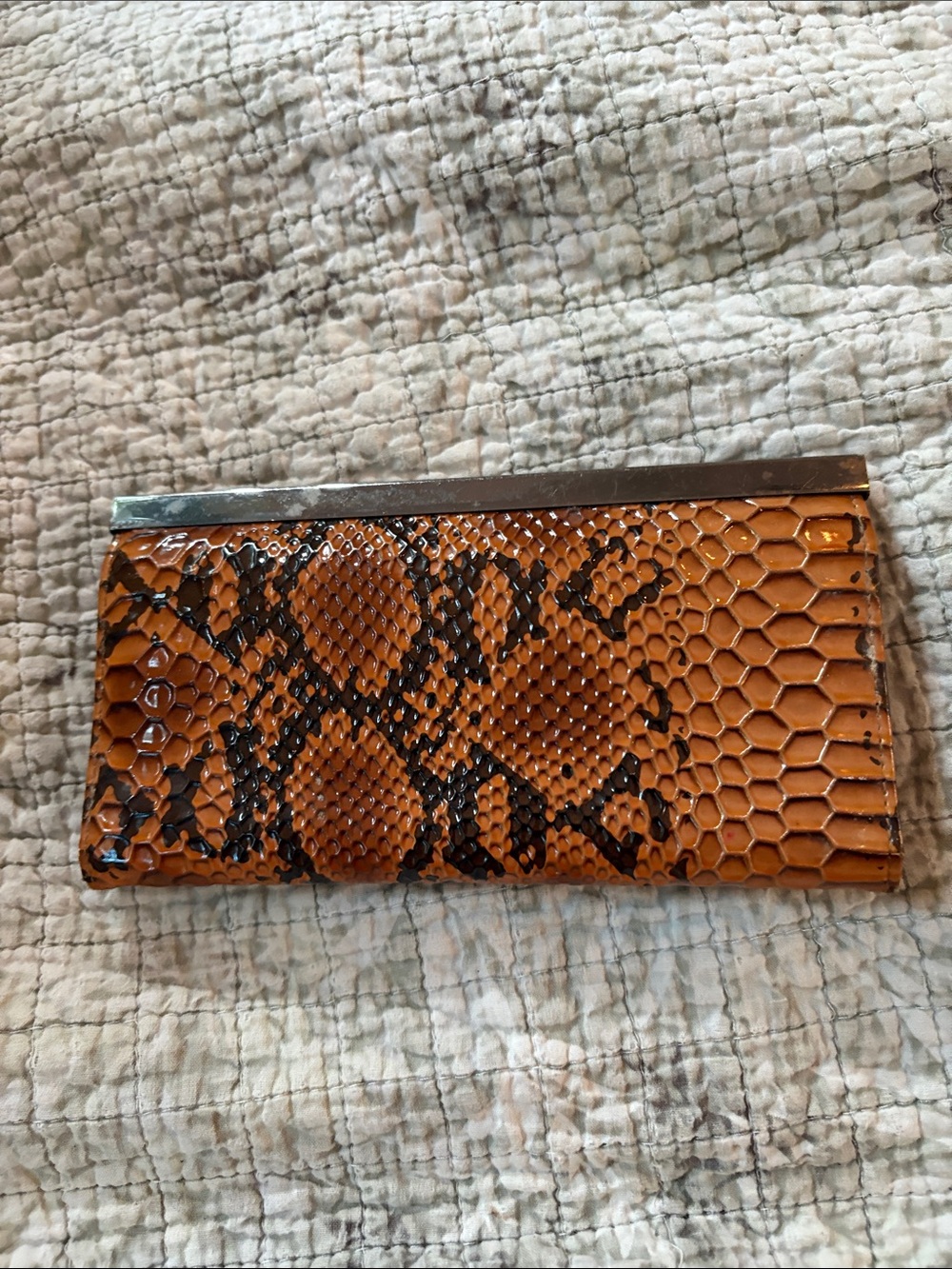 Snake-Embossed Orange Women's Clutch Wallet with Metal Trim